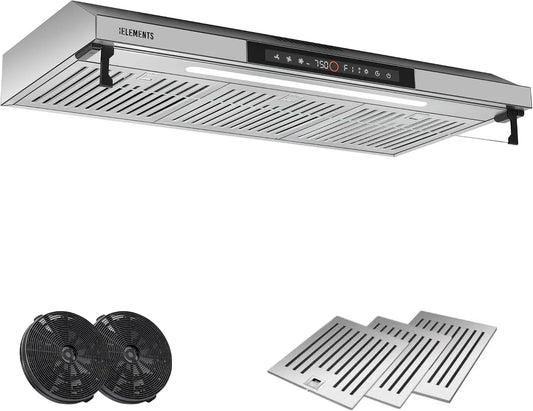KB ELEMENTS 650m3, Podstavné digestoře, průchodová kapota 90cm, cirkulující vzduchová / výfuková kapota s / h silným, Černá / stříbrná, 90cm