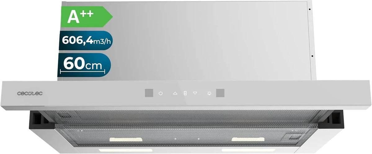 Cecotec, Podstavné digestoře, Teleskopická kapuce 60cm Bolero Flux, 606.4 m3 / h, třída energie A + +, ovládání, Černá / stříbrná, 60cm, 605501 G