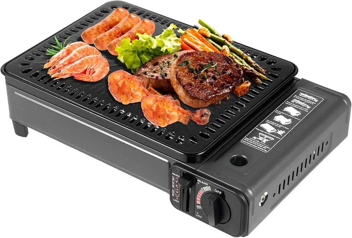 KOLHGNSE 2-in-1, Grily na zemní plyn, přenosný kempinkový sporák a plynový gril Malý vč. grilu příslušenství sada a, Šedá, 11cm, 3 kW, 19, 5cm