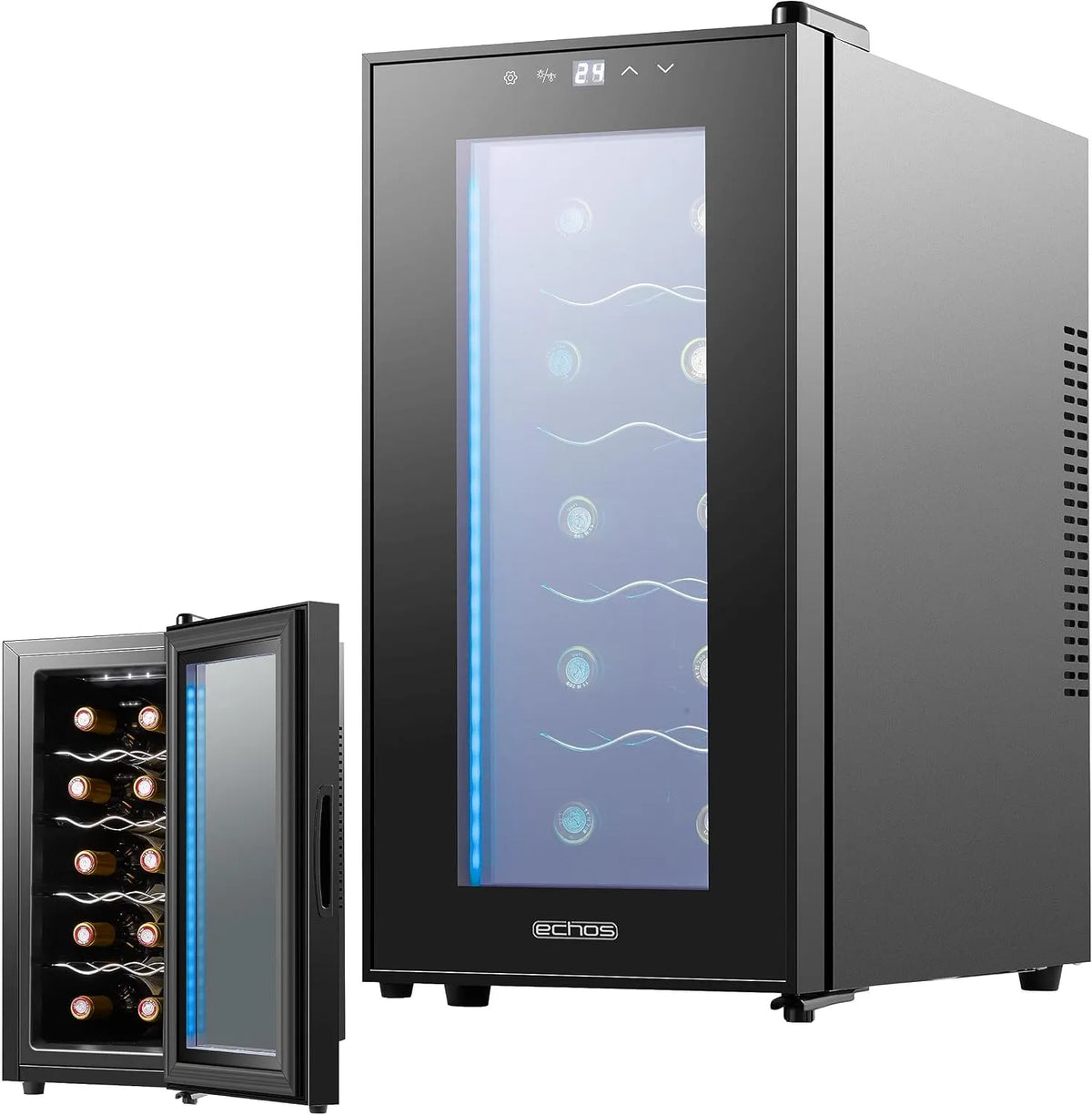 Echos, Minichladničky, Víno Lednice 10 Lahvičky 28 Liter LED osvětlení Víno Chladič Víno Klima Lednice, Černá, 10 L, 28 L