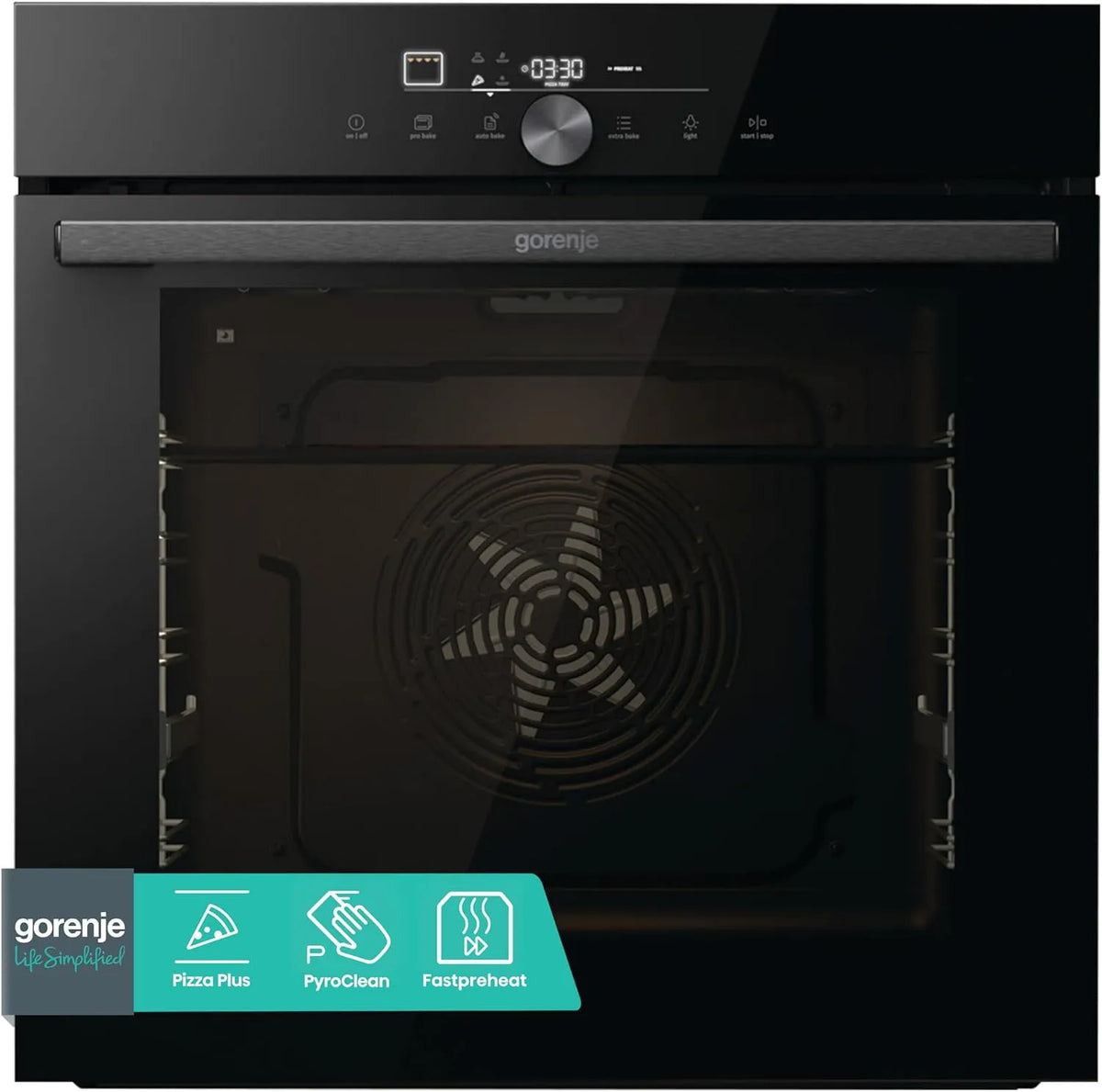 Gorenje GO66E PIZZA350C, Trouby, OptiBake Built- in troubě / 77L / PizzaPlus / Pizzamode 350 ° C / PyroClean / Hot, Černá, 77L, 5 × 59, 5 × 56