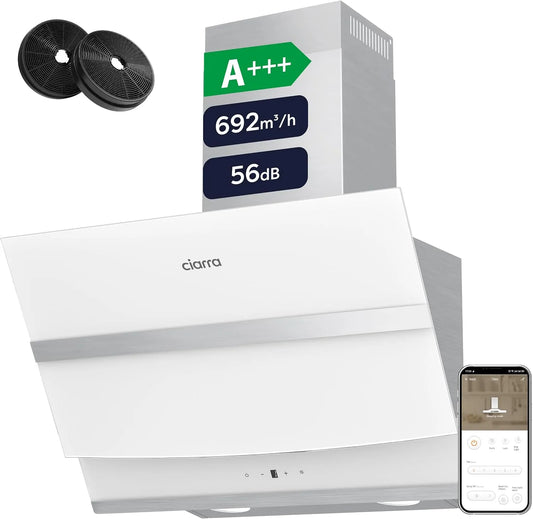CIARRA CBCW6736N, Nástěnné digestoře, A + + + rozsah kapoty 60 cm 692 m3 / h WLAN App Controlled, Černá / stříbrná, 60 cm, 56 dB, 150 mm