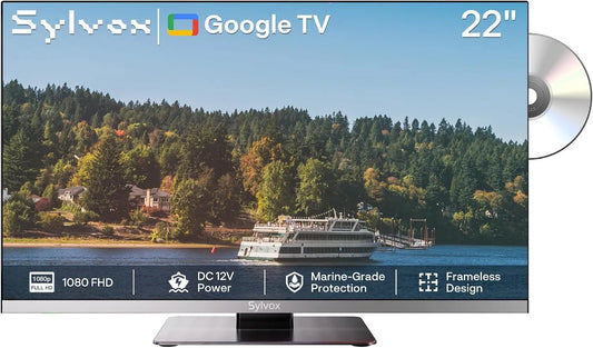 SYLVOX 1080P, Přenosné televizory, 12 Volt TV, 22 palců Camping Travel TV, Smart Google TV, Černá, 12 V, Full HD, 32V, 4V