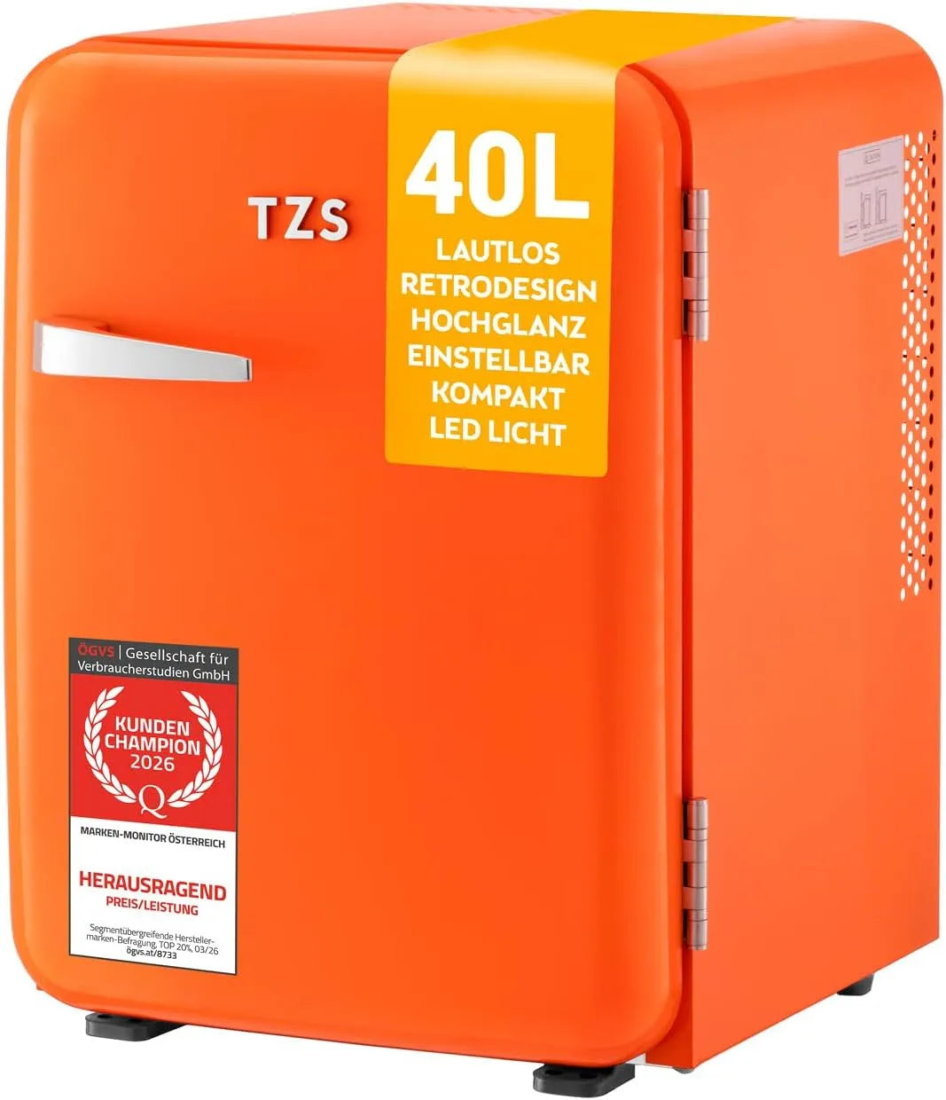 TZS First Austria, Minichladničky, TZS První Rakousko - Retro Mini Lednice 40L - Tichý - Vintage Minibar pro ložnice, Oranžová, 40L, 22 dB, 34 l