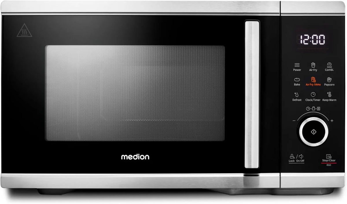 MEDION MD11499, Multifunkční mikrovlnné trouby, Mikrovlnná trouba s funkcí fritézy teplého vzduchu (25 litrů, 1500 wattů horkého, Černá / stříbrná