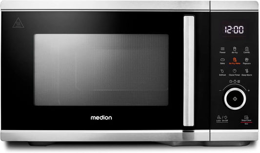 MEDION MD11499, Multifunkční mikrovlnné trouby, Mikrovlnná trouba s funkcí fritézy teplého vzduchu (25 litrů, 1500 wattů horkého, Černá / stříbrná