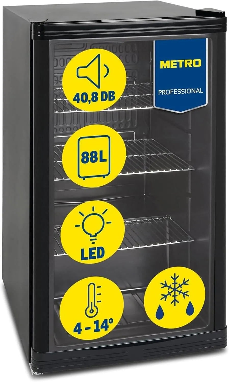 METRO Professional kWh/24h GPC1088, Minichladničky, Mini-Lednice, 88 L, 1, 052 kWh / 24h, 3 nerezové drátěné podlahy, černá, Stříbro / Černá