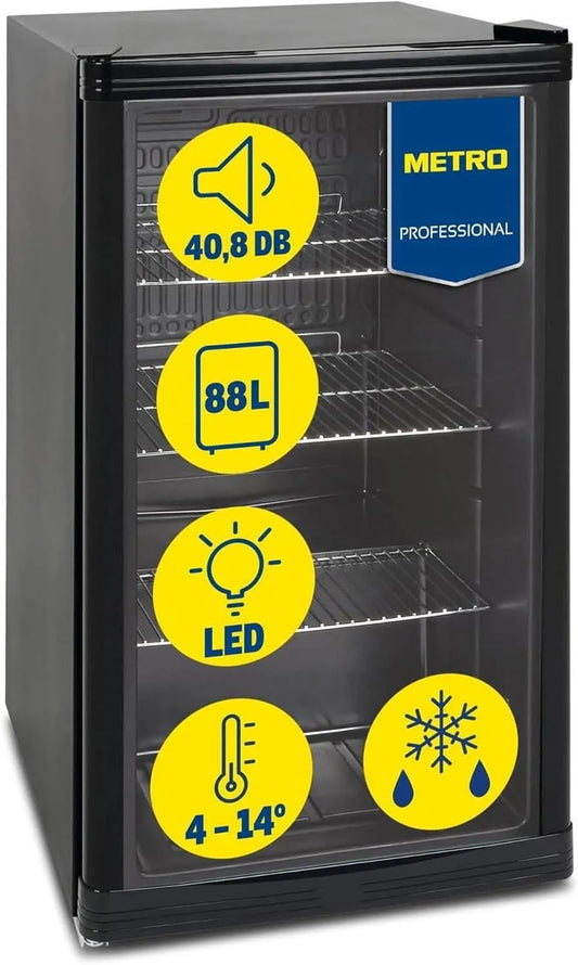 METRO Professional kWh/24h GPC1088, Minichladničky, Mini-Lednice, 88 L, 1, 052 kWh / 24h, 3 nerezové drátěné podlahy, černá, Stříbro / Černá