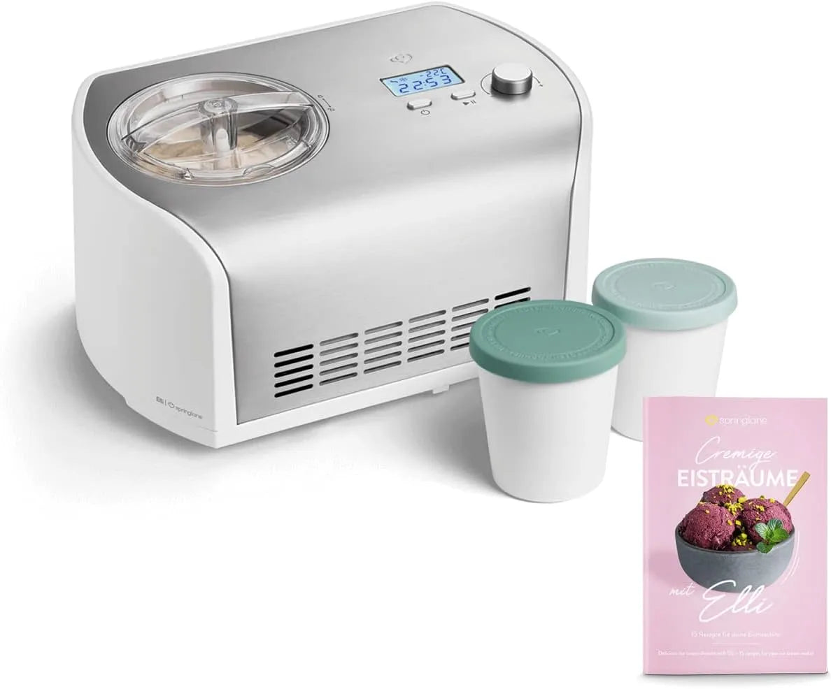 Springlane Kitchen 2er-Set, Zmrzlinářské výrobky, Icemaker Elli 1, 2 L s kompresorem pro vlastní chlazení 135 W včetně zásobníku 2, Stříbrná, 1, 2 L