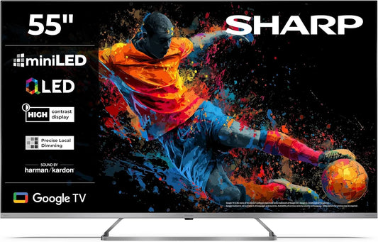 SHARP 55JP7765E, Televizory, QLED TV 55 palců Google TV 4K UHD Smart TV Mini LED, Černá, QLED, 4K, Mini LED