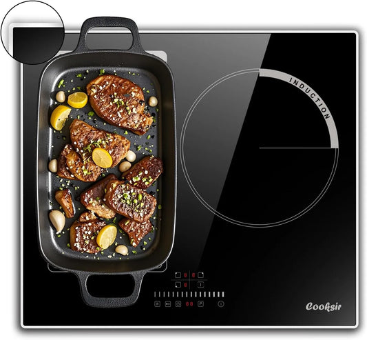 Cooksir, Varné desky, 60cm instalační indukční sporák 3 desky s Flexzone, Černá, 60cm, 6800 w, 2 x 21 cm, 3000W