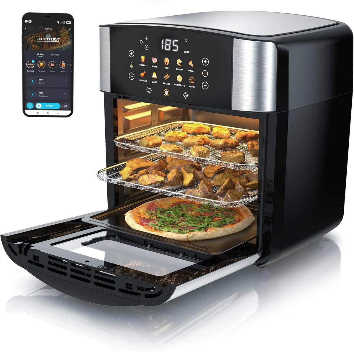 Arendo, Horkovzdušné fritézy, Hot Air Fryer XXL Smart Wlan - Extra Large 16 litru - Pečivo Conveyed Air - Gril, Černá / stříbrná, 16 l, 1800 w