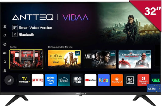 Antteq DVB-T2/S2/C V32-AH3.Q1D-BT, Televizory, Smart TV 32 palců Bluetooth (LED TV 80cm) TV, HD, Vidaa OS, App Store, Netflix /, Černá, 80cm, 3l