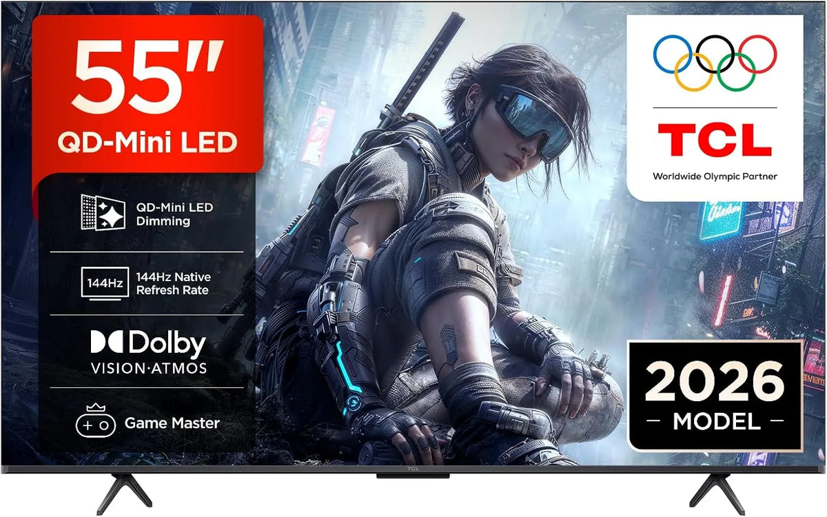 TCL 55T8D, Přenosné televizory, QD- mini LED 55 palců TV, 4K Smart TV, Google TV, 144 Hz, Černá, mini LED, 4K, QLED