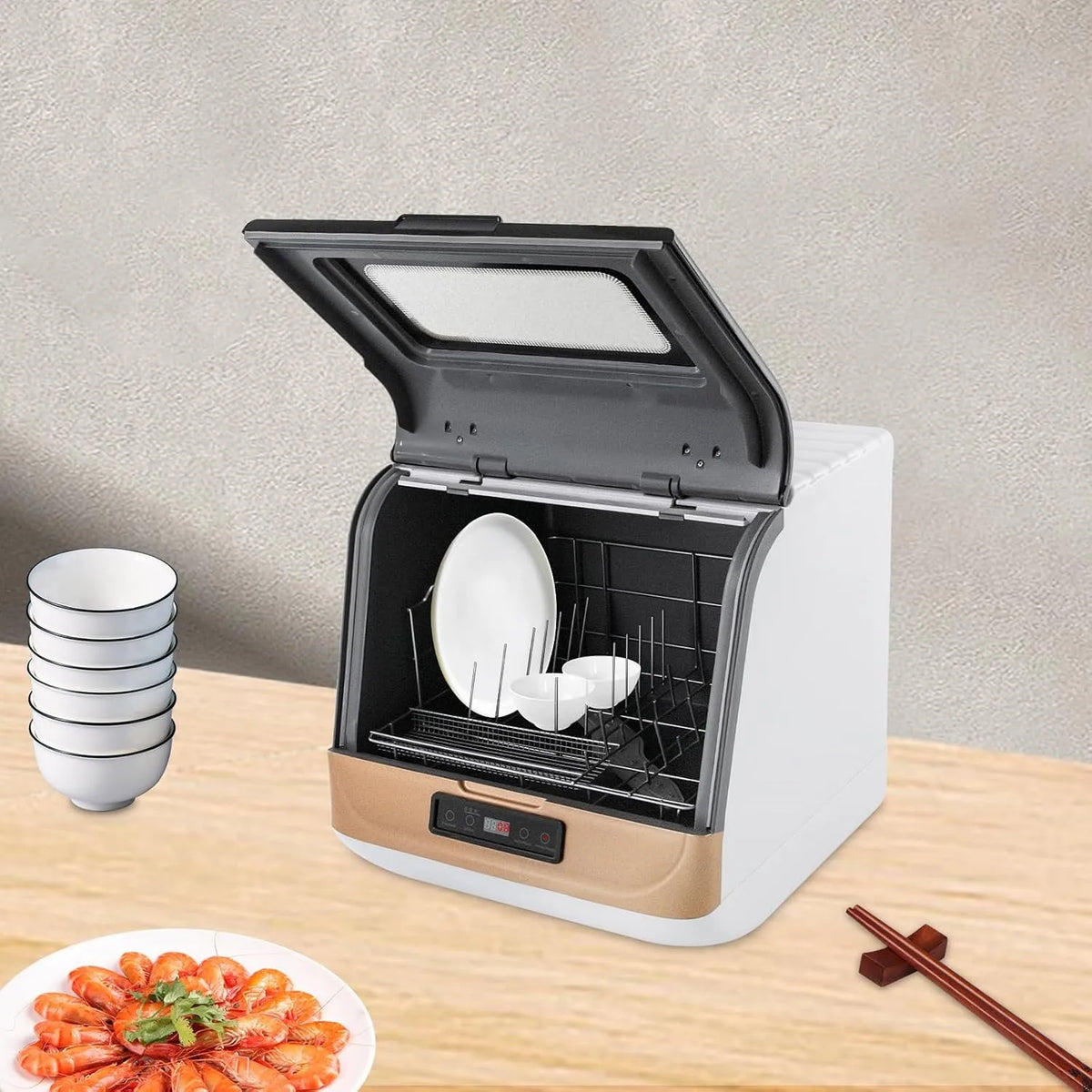 CuCummoo, Velké domácí spotřebiče, Přenosná myčka nádobí, myčka na pultu, mini myčka nádobí 3 mycí režimy a dotyková, Zlato, 220 V, 800 W, 50 Hz