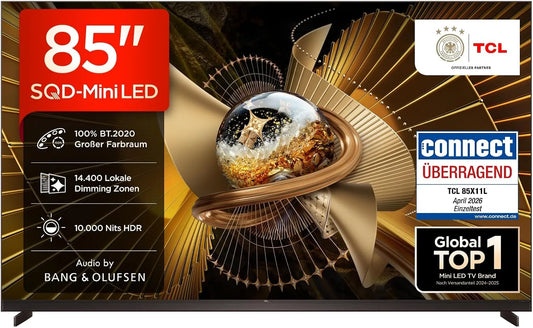 TCL HDR10 85X11L, Přenosné televizory, + SQD- mini LED 85 palců TV, 4K Smart TV, Google TV, Černá, 85X11, mini LED, 4K, 2 cm
