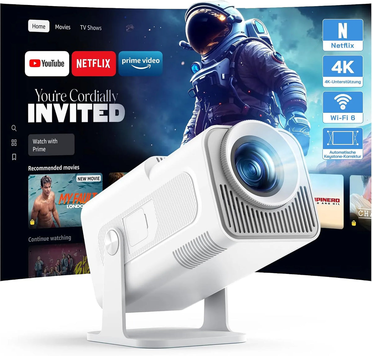 WOLFANG Stick/iOS/Android/PC/PS5/HDMI/AV, Projektory, 4K Mini Beamer s oficiální Netflix, 26000 Lumen WiFi 6 Chytrý projektor s 50%, Černá, 4K