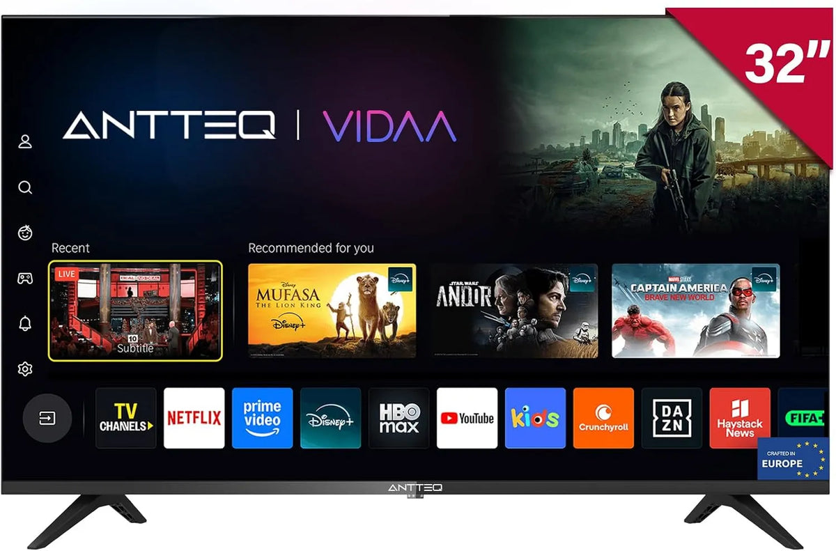 Antteq DVB-T2/S2/C V32-AH3.Q1L, Televizory, HD Smart TV 32 palců (TV 80 cm) s trojitým tuner (DVB-T2 / S2 / C), profil dětí, Černá, 1L, 80 cm