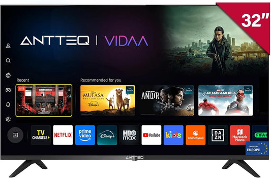 Antteq DVB-T2/S2/C V32-AH3.Q1L, Televizory, HD Smart TV 32 palců (TV 80 cm) s trojitým tuner (DVB-T2 / S2 / C), profil dětí, Černá, 1L, 80 cm