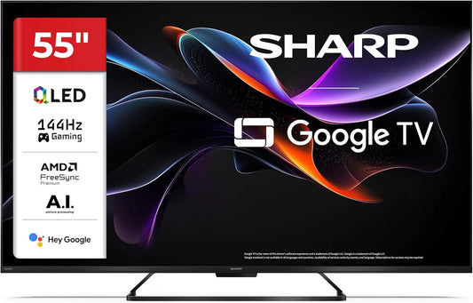 SHARP 55HR7365E HDR10, Televizory, Google TV, 55 ′ UHD, Bezrámové, 144 Hz, QLED, Dolby Vision HDR, Google asistent, Černá, 2x12