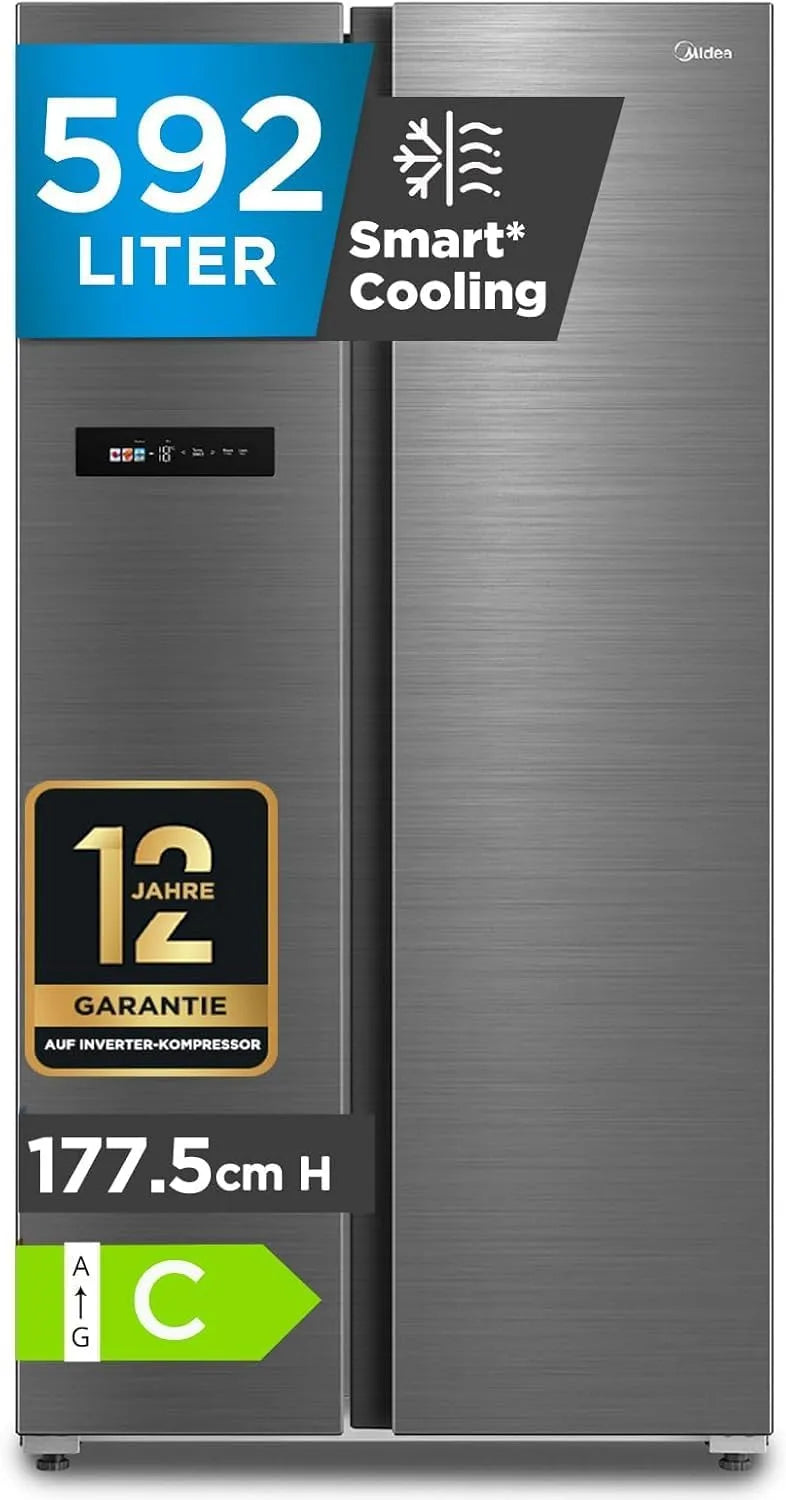 Midea, Kombinované chladničky s mrazákem, d Side- by- Boční Lednice 592 L, No Frost, WiFi ovládání, 37 dB, Stříbrná, 592 L, 379 l, 213 l