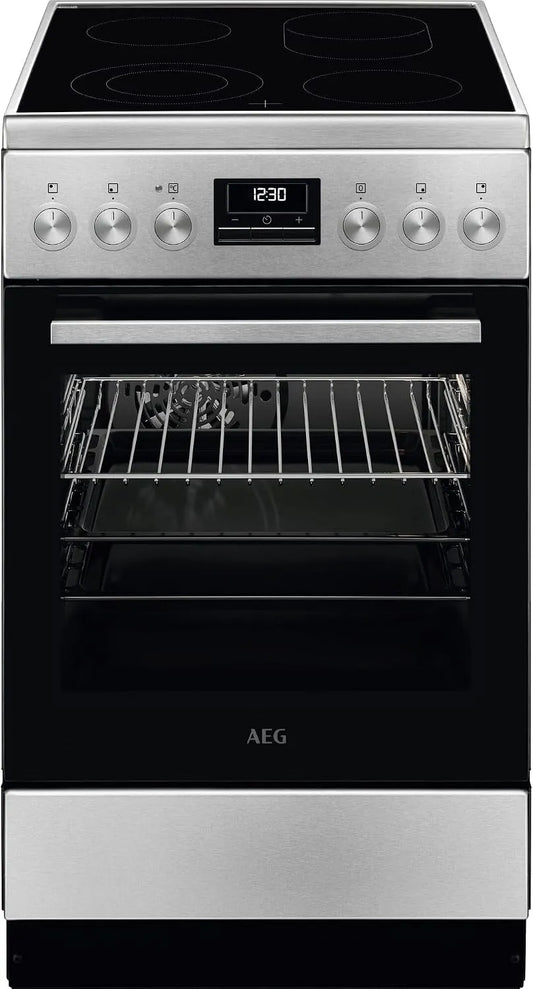 AEG CCB5449OBM, Sporáky, stojící sporák se skleněnou keramickou kuchyní 50cm, A, pražící a víceokružní, Stříbrná, 50cm